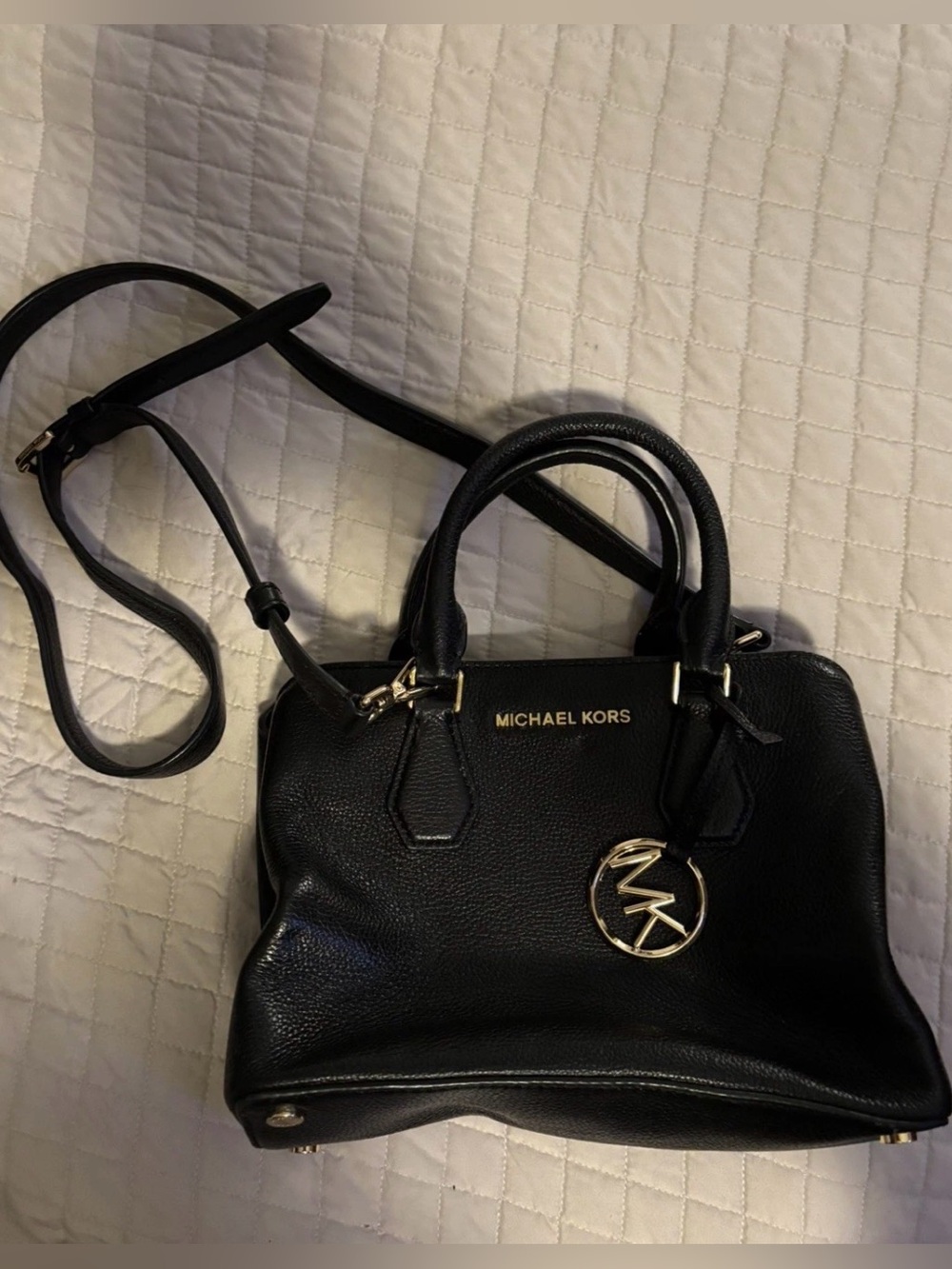 Michael Kors Black Pebbled Leather Satchel with Gold Logo Charm